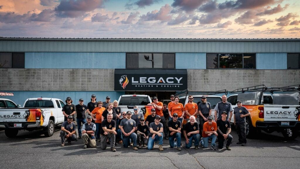 A group of people pose in front of a building with a "Legacy Heating & Cooling" sign, flanked by branded company trucks under a cloudy sky.